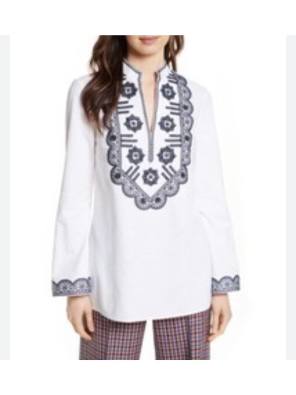Tory Burch Womens Sz 6 White Tunic Top With Embroidered Floral Detailing